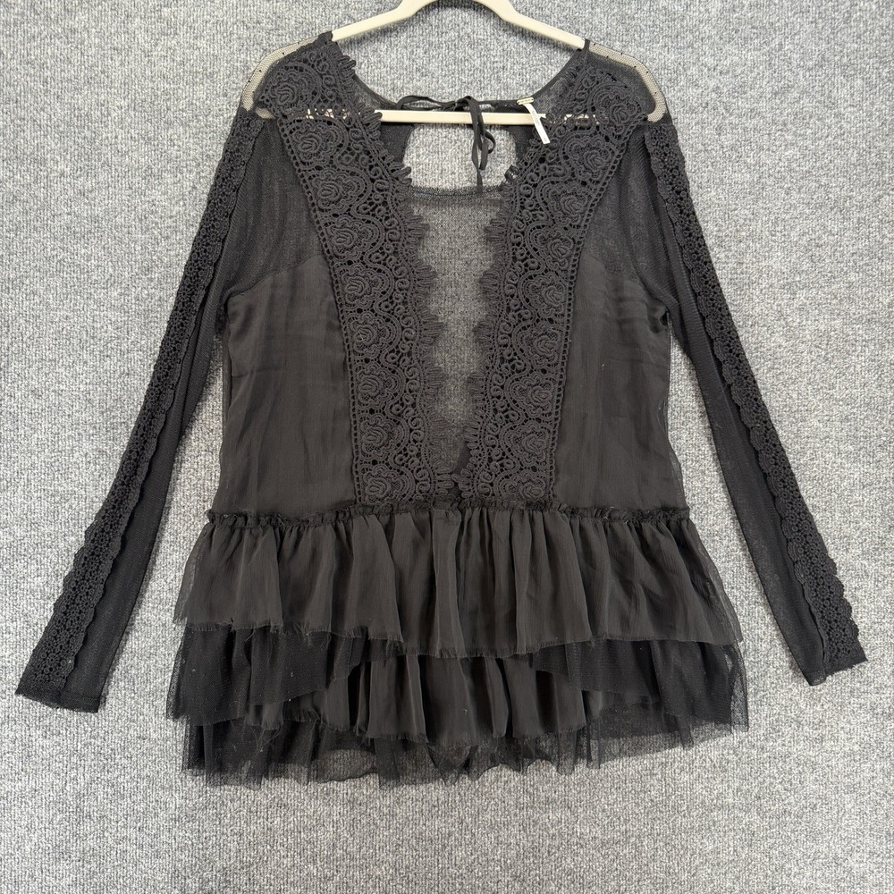 Free People Top Womens L Black Lace Sheer Ruffle Whimsigoth Romantic Dark Fairy